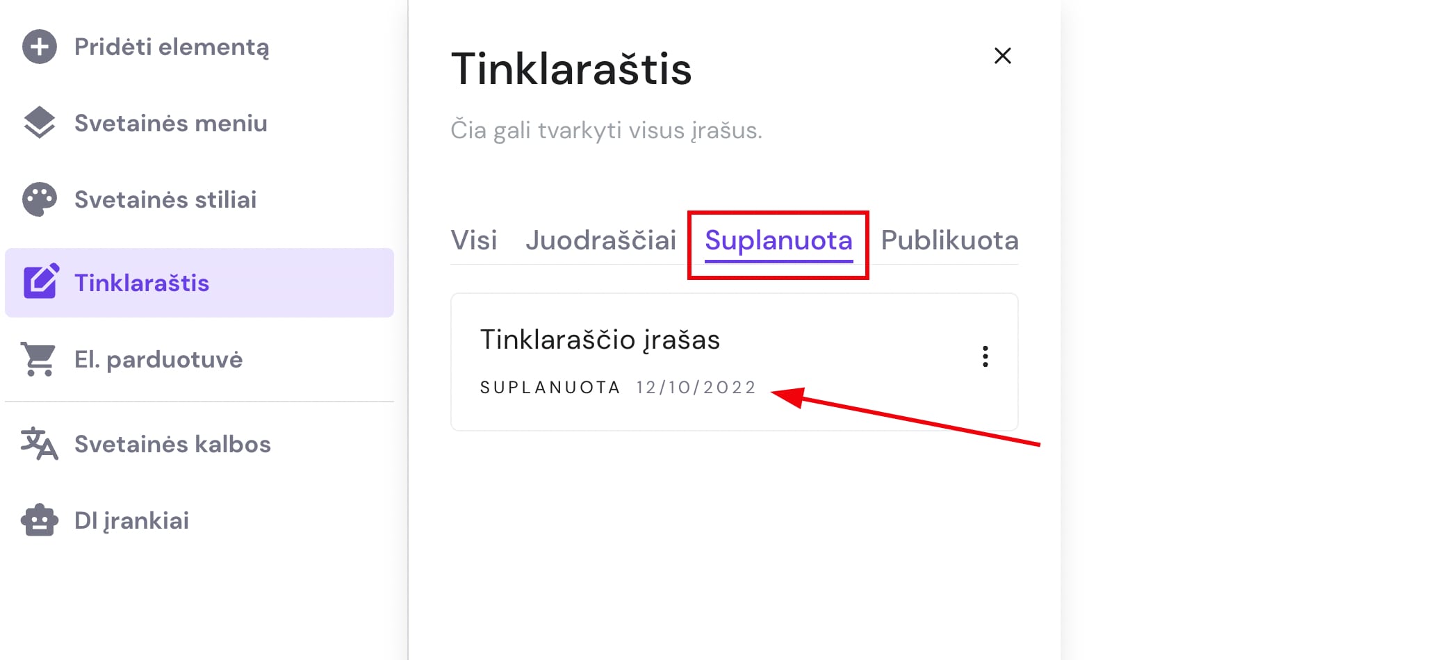 Tinklaraščio valdymo zona Hostinger svetainių kūrimo įrankyje