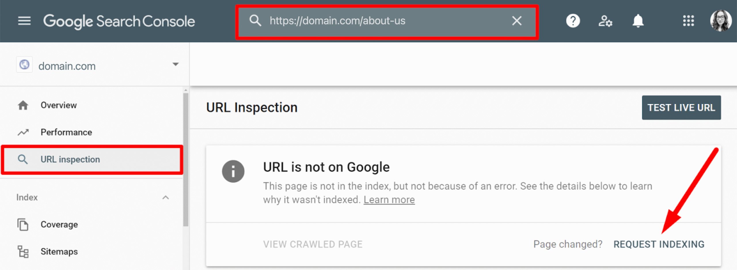 Pateikiama užklausa siekiant indeksuoti tam tikrą svetainės puslapį