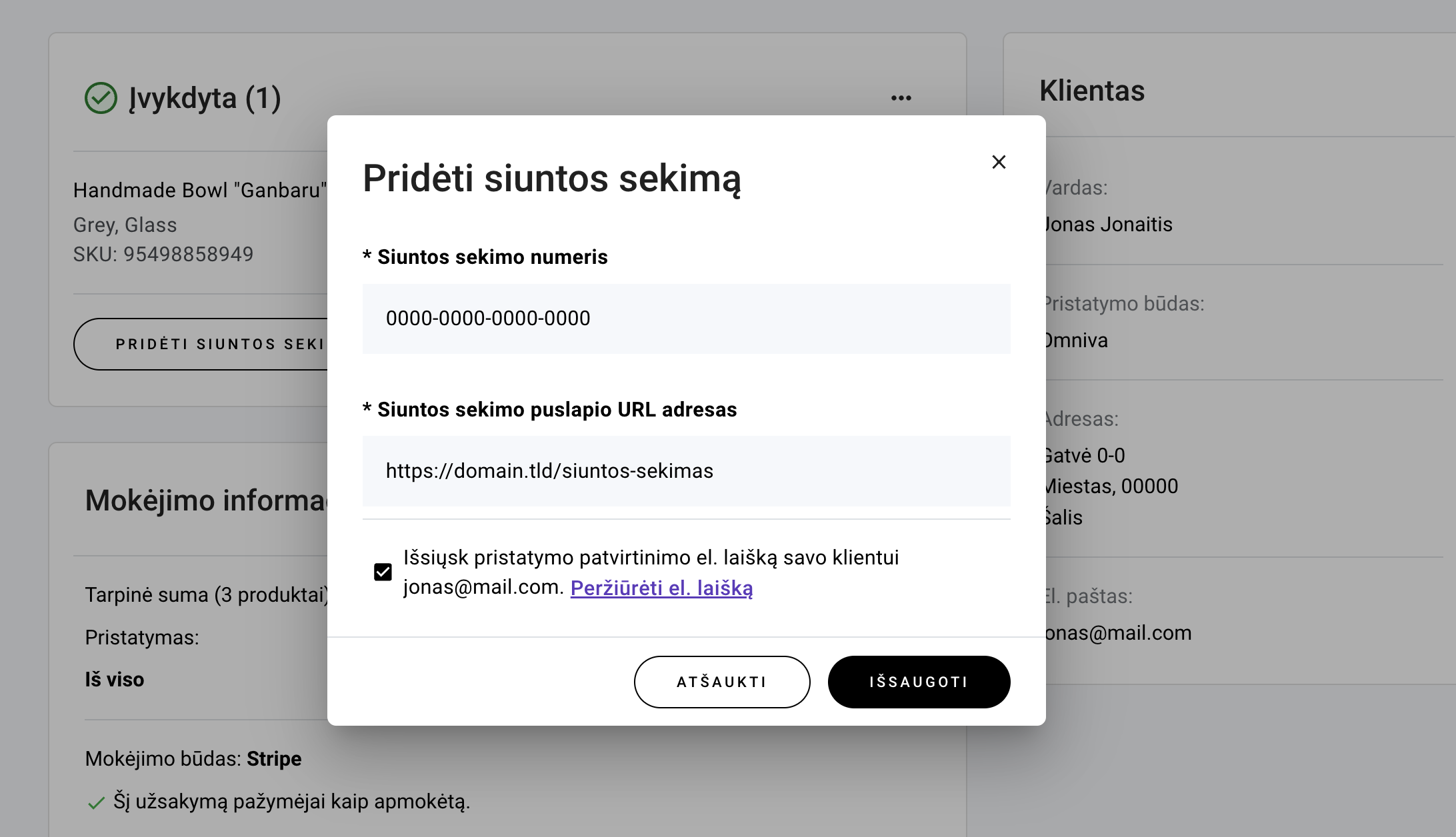 Siuntos sekimo informaciją sudaro siuntos sekimo numeris ir siuntos sekimo puslapio URL adresas