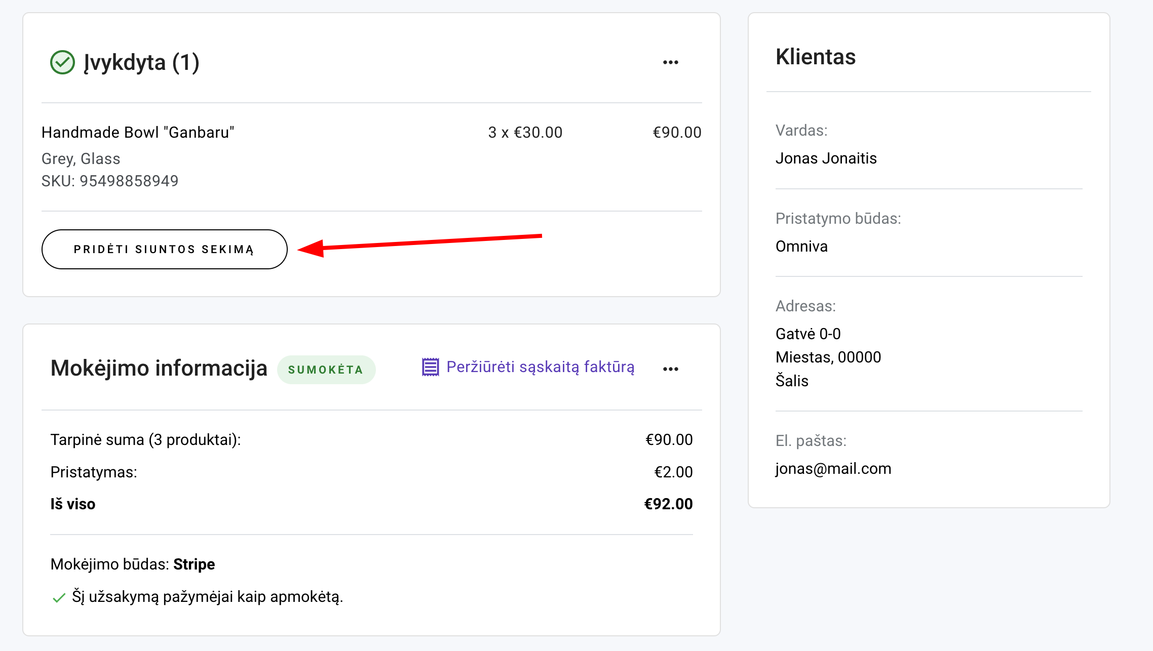 Užsakymo puslapyje esantis mygtukas Pridėti siuntos sekimą