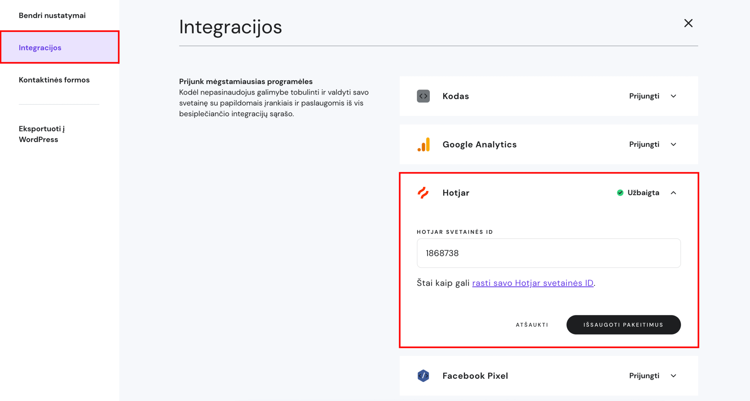 Hotjar Site ID įklijavimas svetainės integracijų nustatymuose