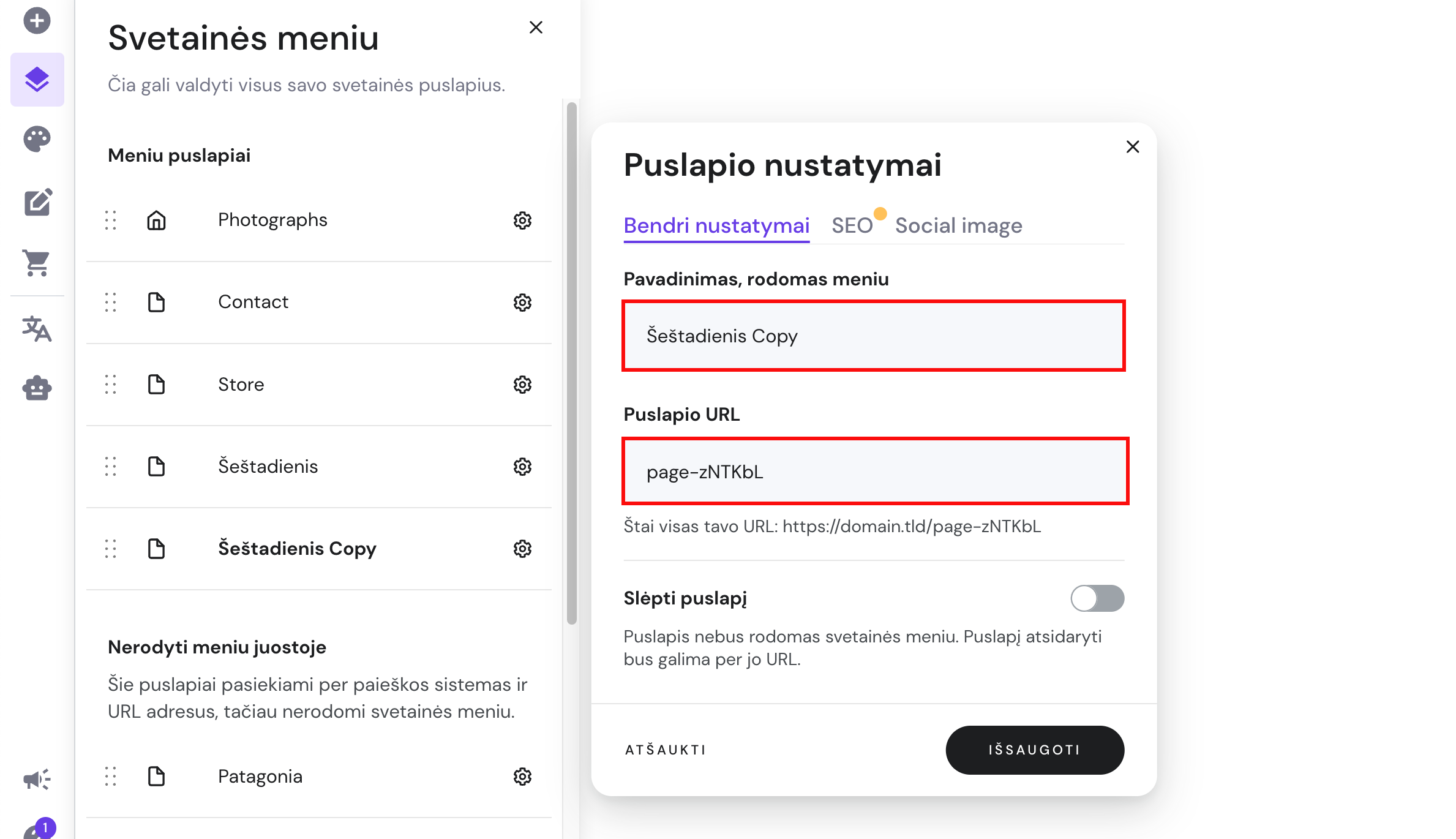 Puslapio nustatymai Hostinger svetainių kūrimo įrankyje