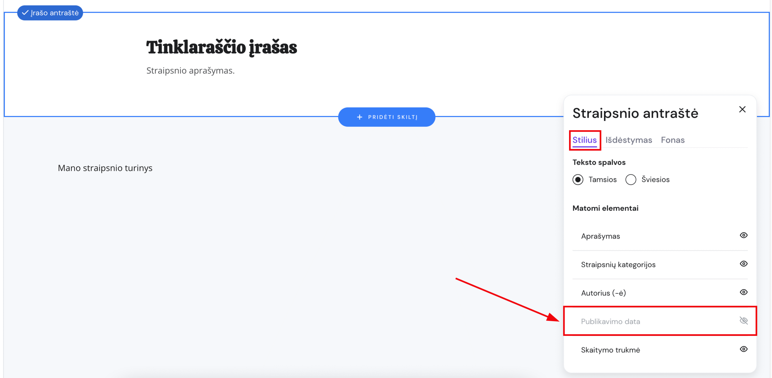 Tinklaraščio įrašo antraštės nustatymai