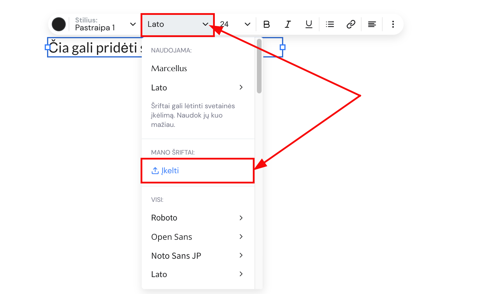 Šrifto parinktys teksto elemento nustatymuose