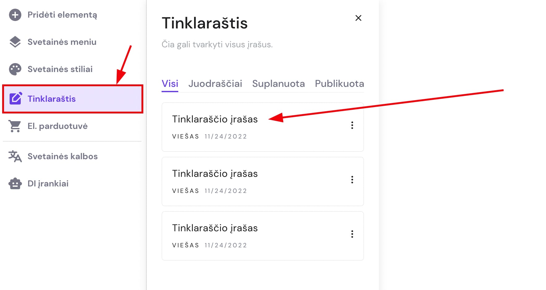 Tinklaraščio įrašų valdymo skydelis