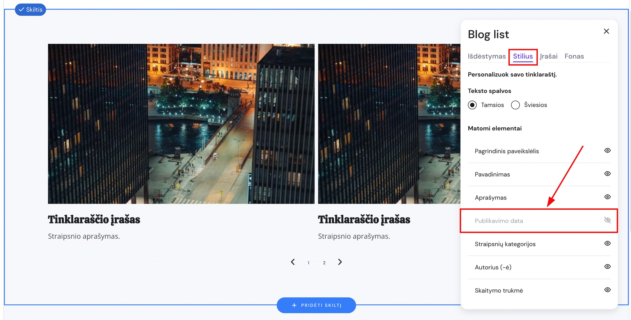 Tinklaraščio skilties nustatymai
