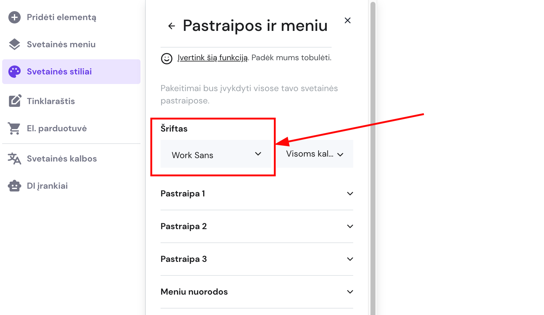 Bendri teksto stilių nustatymai Hostinger svetainių kūrimo įrankyje