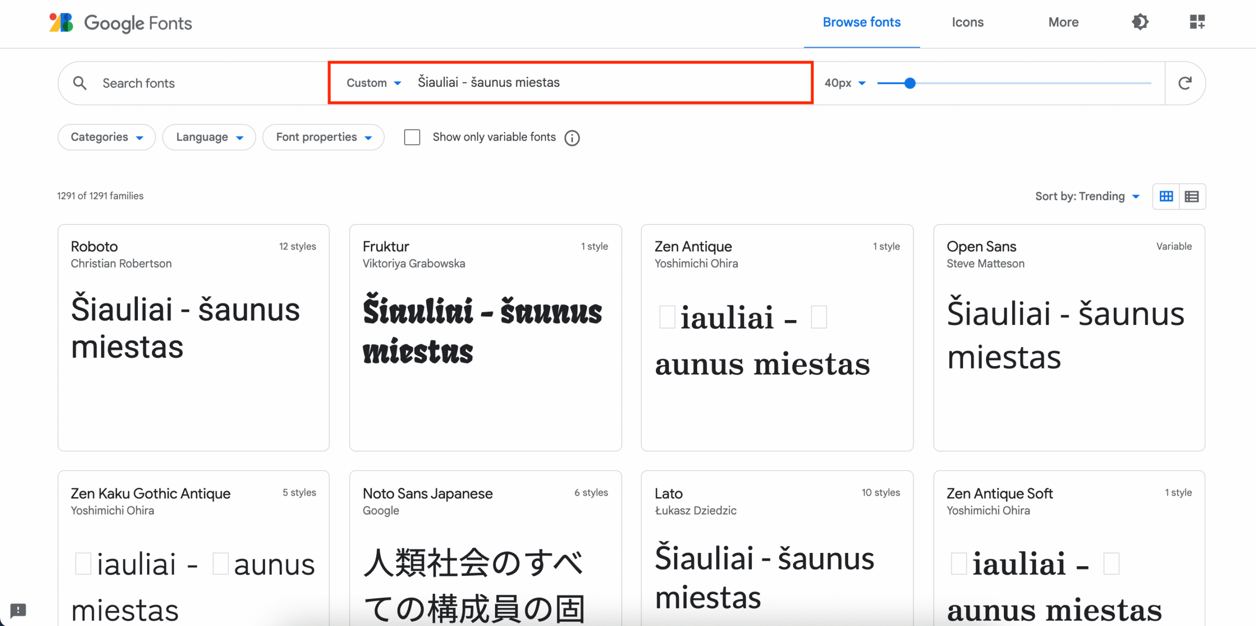 Įvairių šriftų peržiūra Google Fonts platformoje