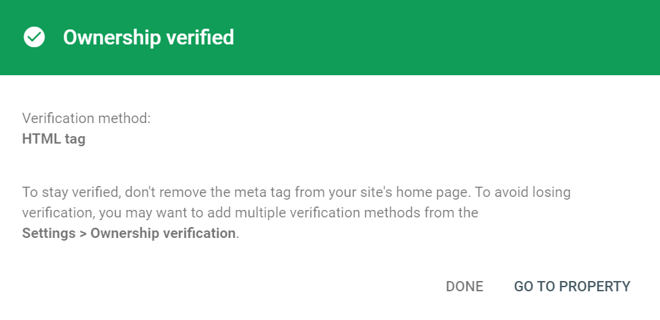 Pranešimas apie sėkmingai patvirtintą URL nuosavybę