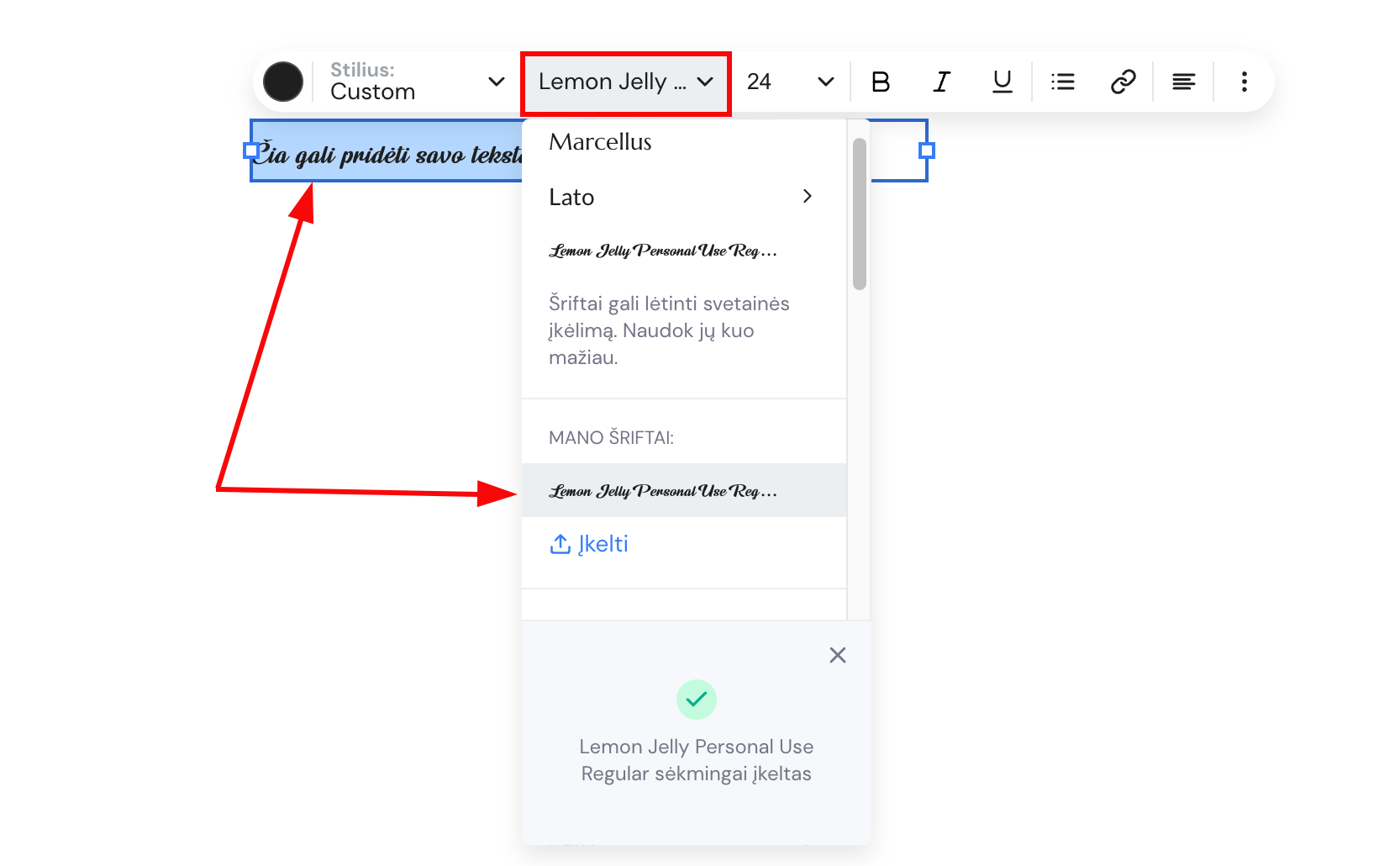 Personalizuoti šriftai teksto elemento nustatymuose