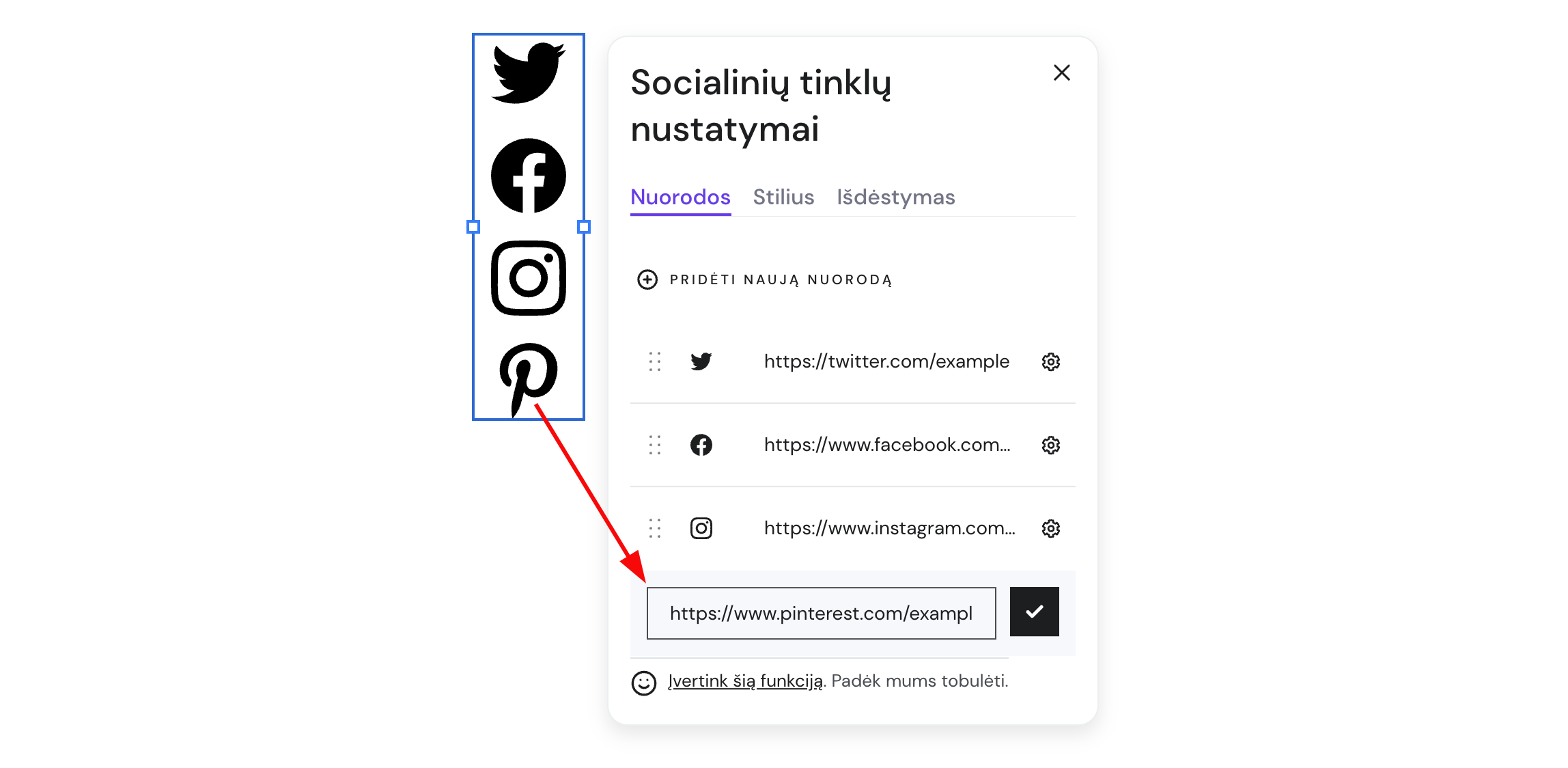 Socialinių tinklų ikonų elemento naudojimas Hostinger svetainių kūrimo įrankyje