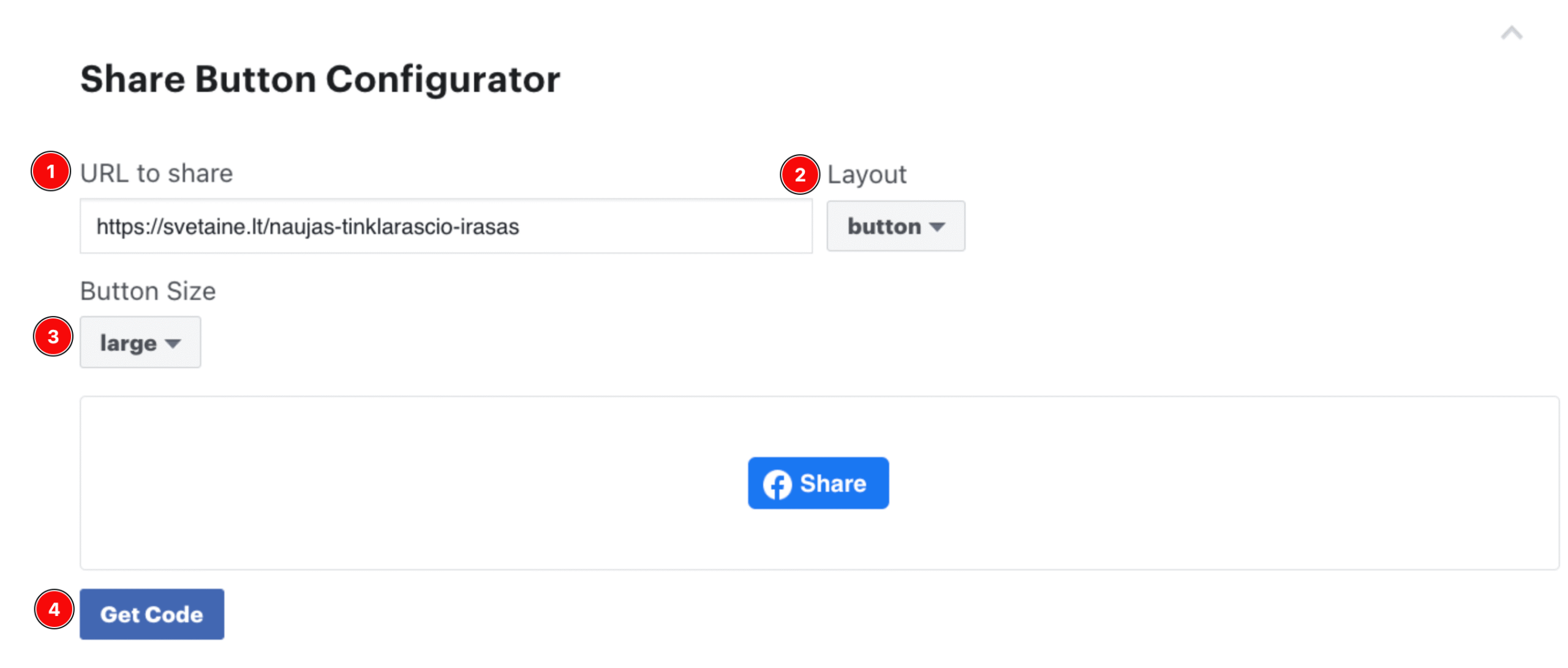 Mygtuko k8rimas naudojant Facebook Share Button Configurator