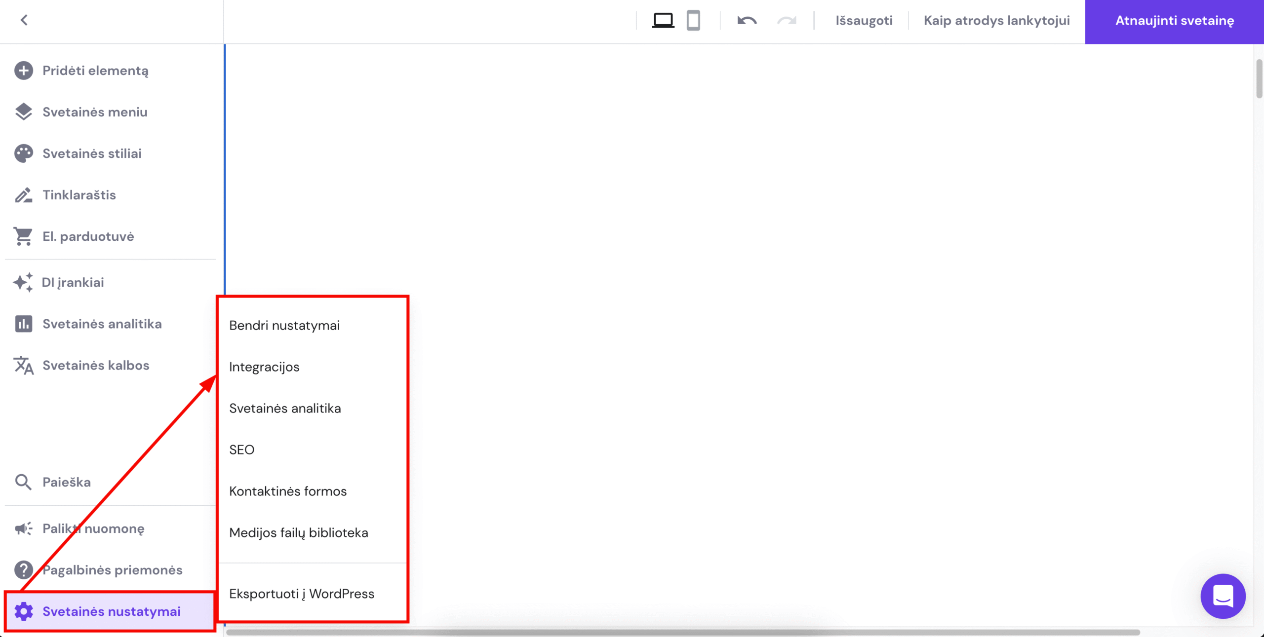 Svetainės nustatymai Hostinger svetainių kūrimo įrankyje