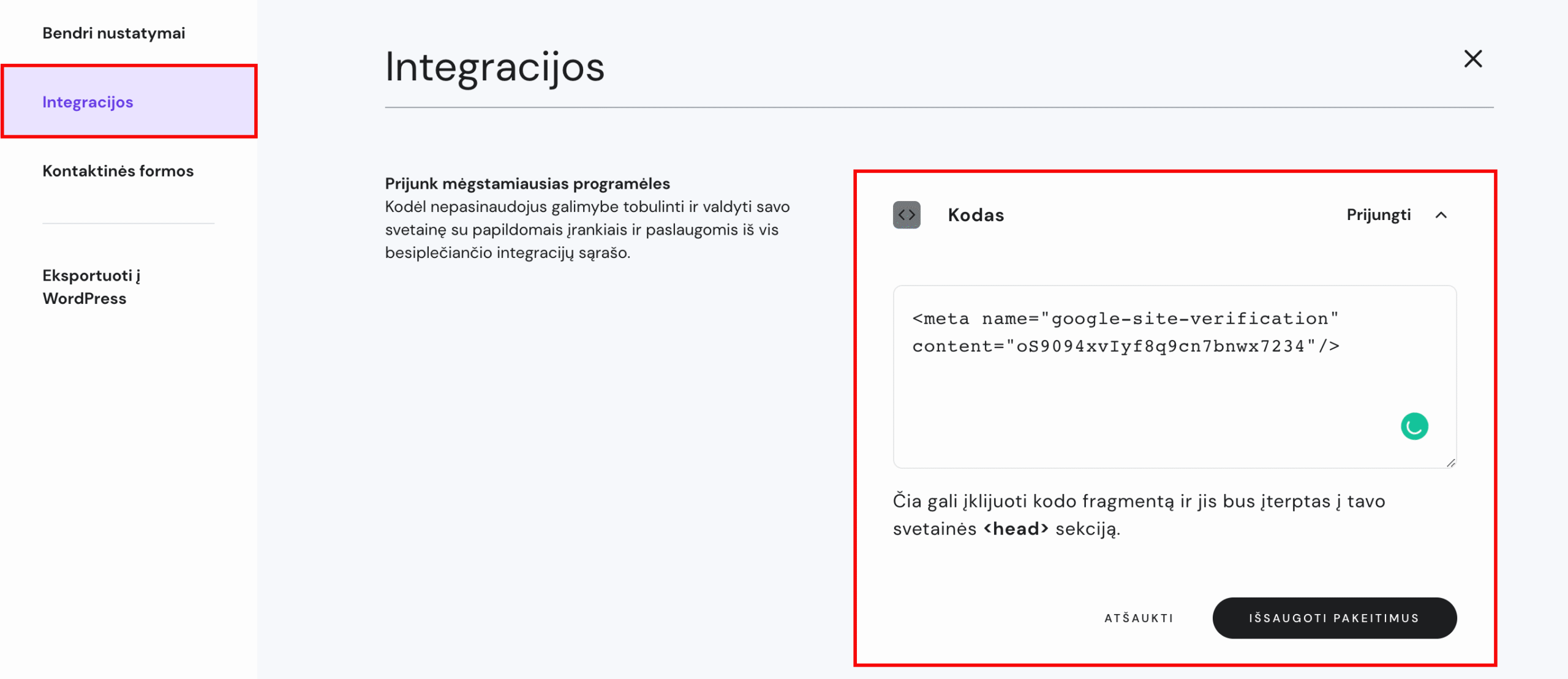 URL nuosavybės patvirtinimas Hostinger svetainių kūrimo įrankyje