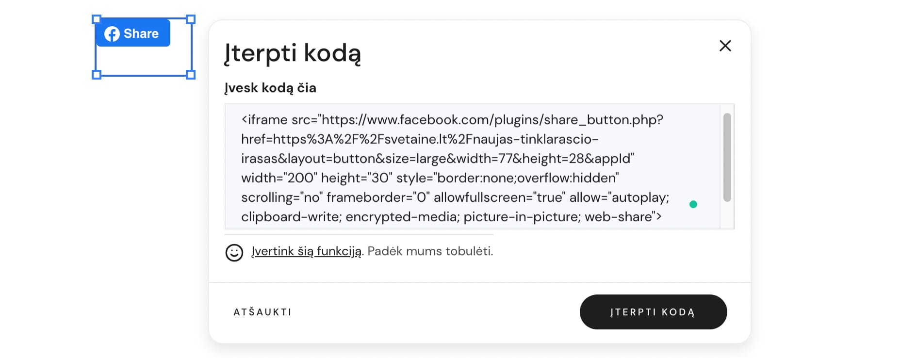 Mygtuko kodo įterpimas į svetainę