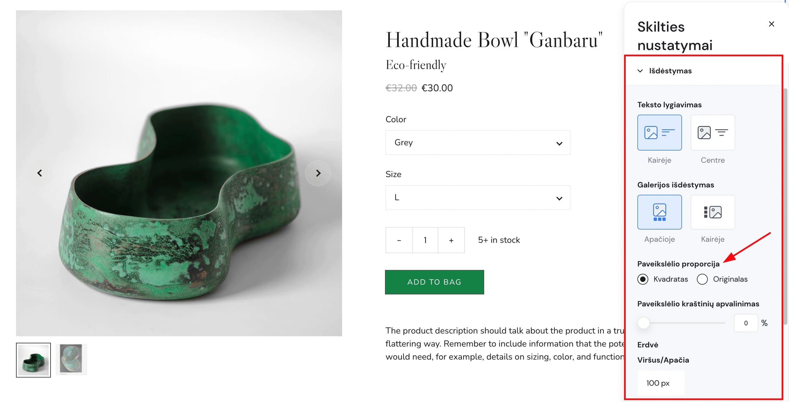 Paveikslėlio proporcijos keitimas produkto skiltyje