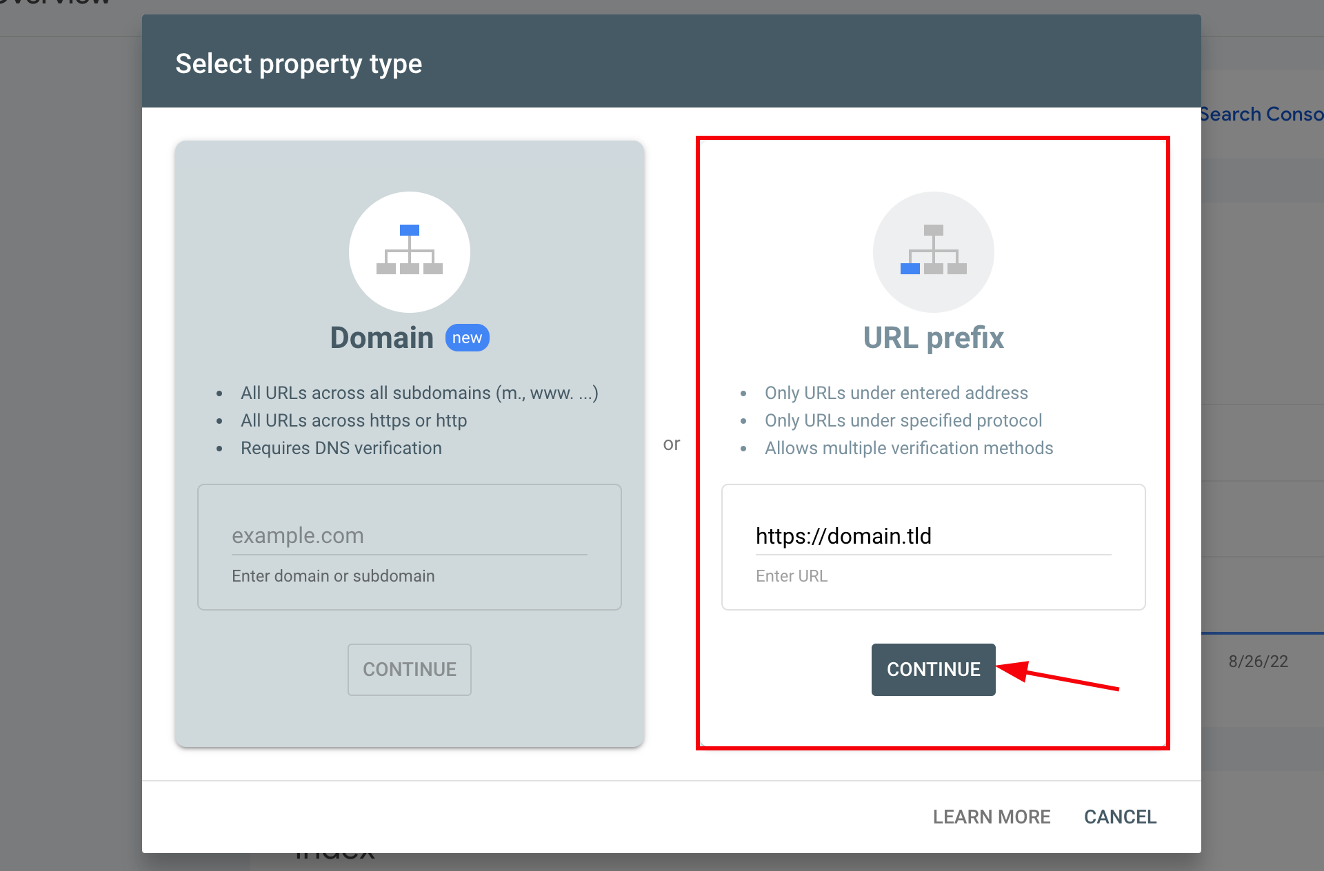 URL pridėjimas Google Search Console platformoje