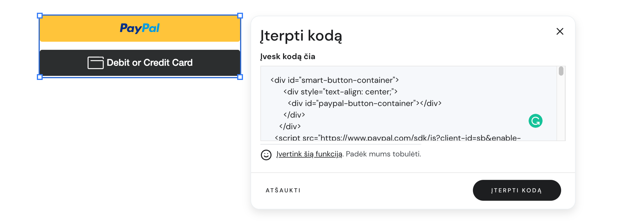 PayPal mygtuko įterpimas naudojant Hostinger svetainių kūrimo įrankį