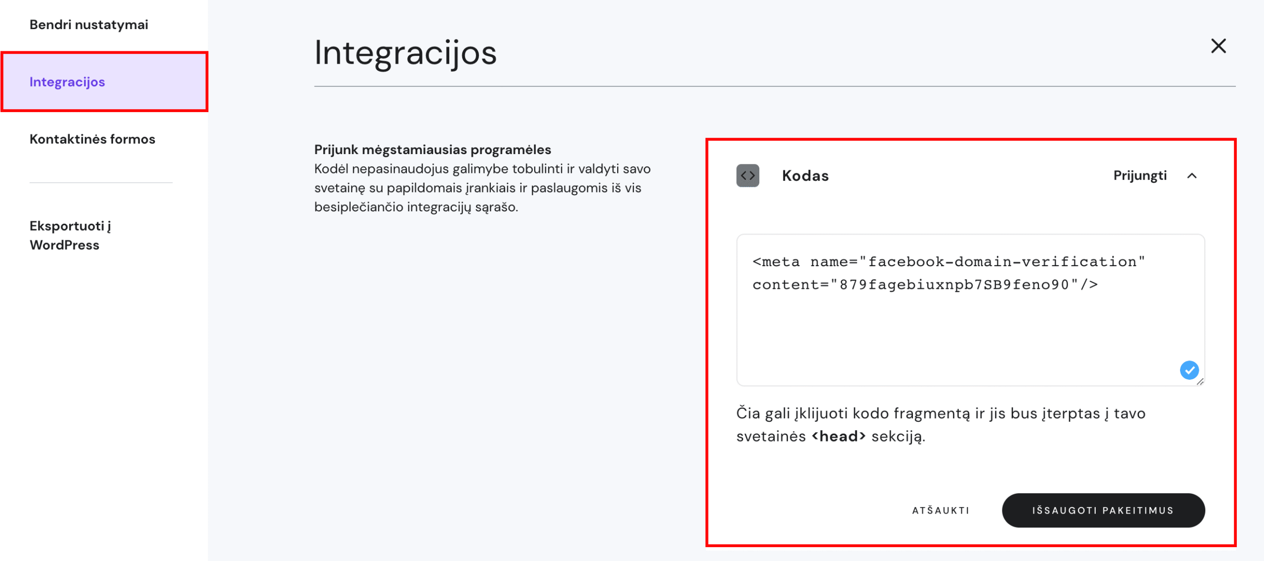 meta žymos pridėjimas į svetainę, sukurtą naudojant Hostinger svetainių kūrimo įrankį