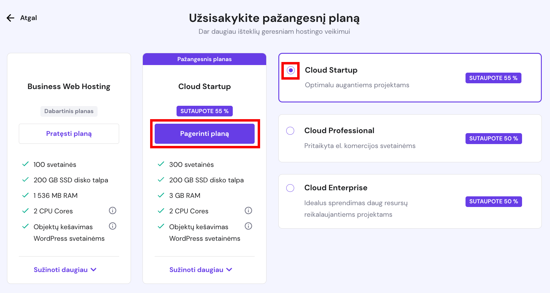 Pažangesnio hostingo plano pasirinkimas