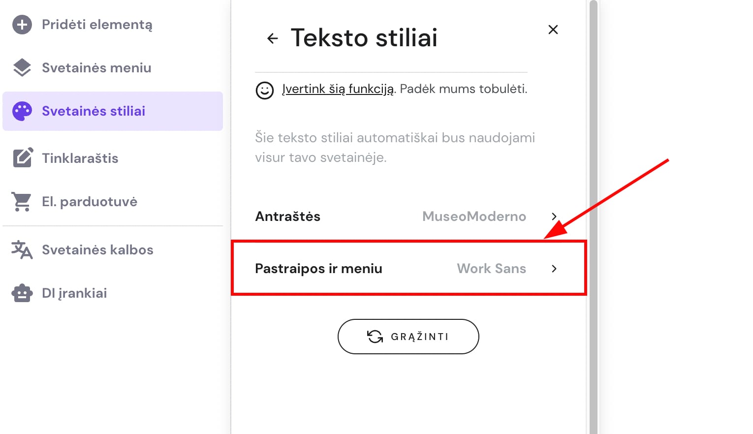 Bendri teksto stilių nustatymai Hostinger svetainių kūrimo įrankyje