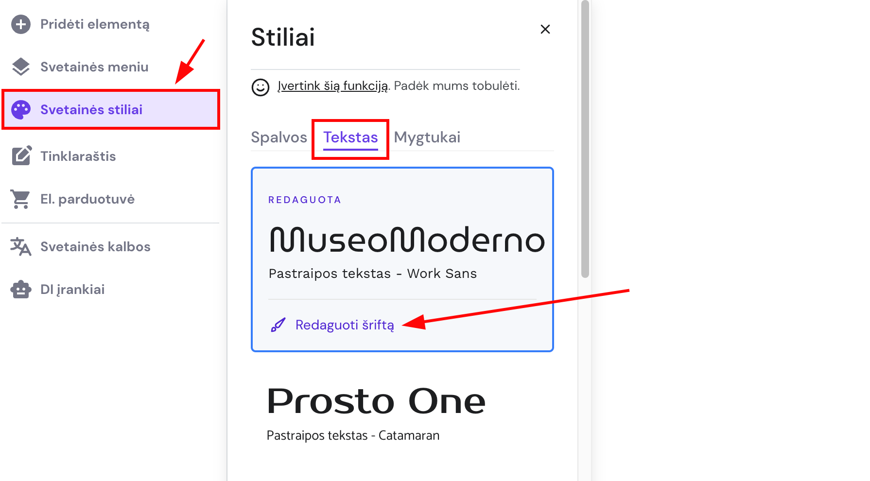 Bendri teksto stilių nustatymai Hostinger svetainių kūrimo įrankyje