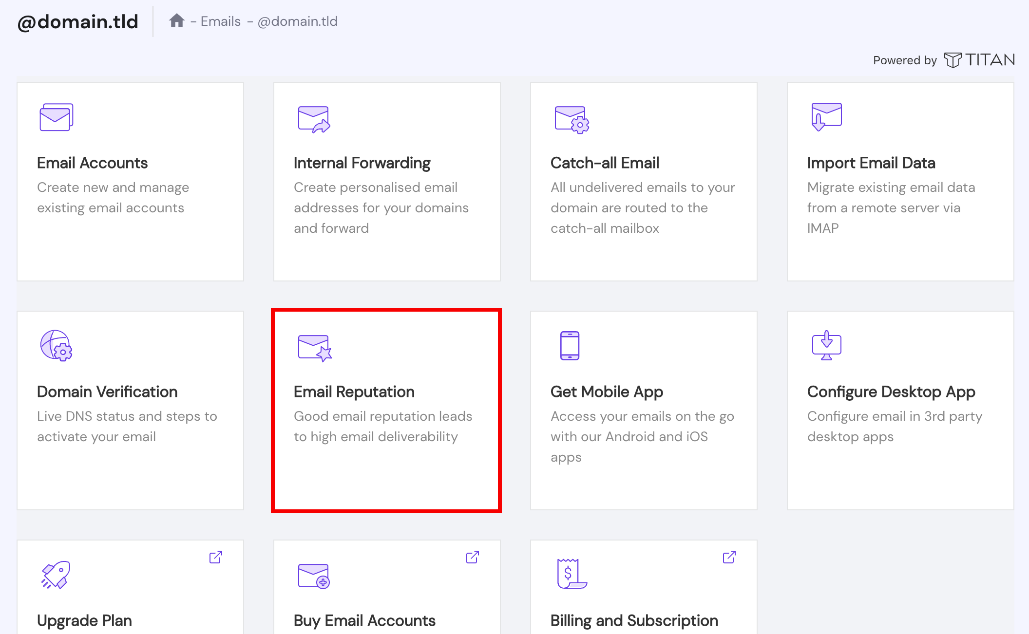 Options in Titan Email dashboard mat Hostinger