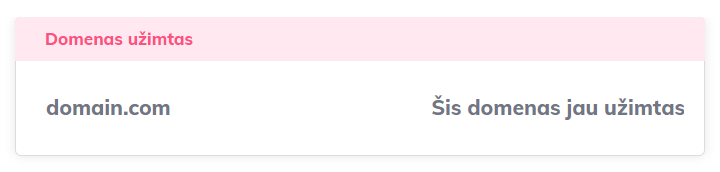 Įspėjimas, kuris reiškia, kad domeno registracija negalima, nes domenas jau yra užimtas