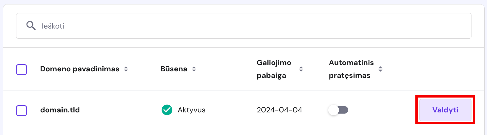 Mygtukas Valdyti Hostinger skiltyje Domenai