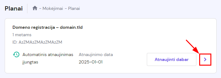 Hostinger paskyros puslapyje Mokėjimai esantis mygtukas leidžia sužinoti daugiau apie plano informaciją