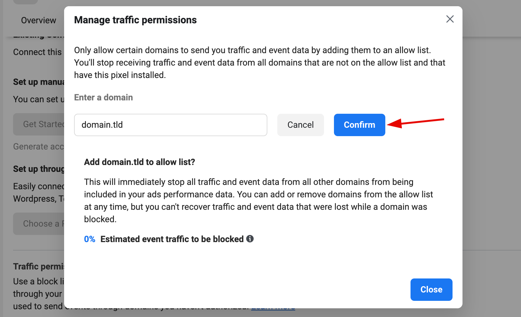Facebook pixel duomenų srautų nustatymai