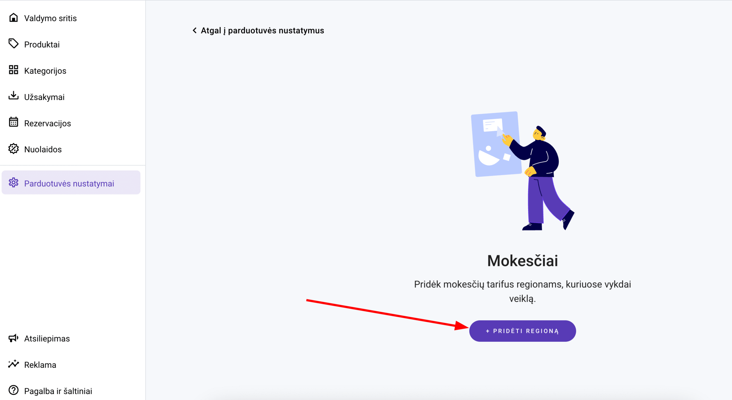 Mygtukas Pridėti regioną, esantis parduotuvės valdymo zonos skiltyje Parduotuvės nustatymai → Mokesčiai