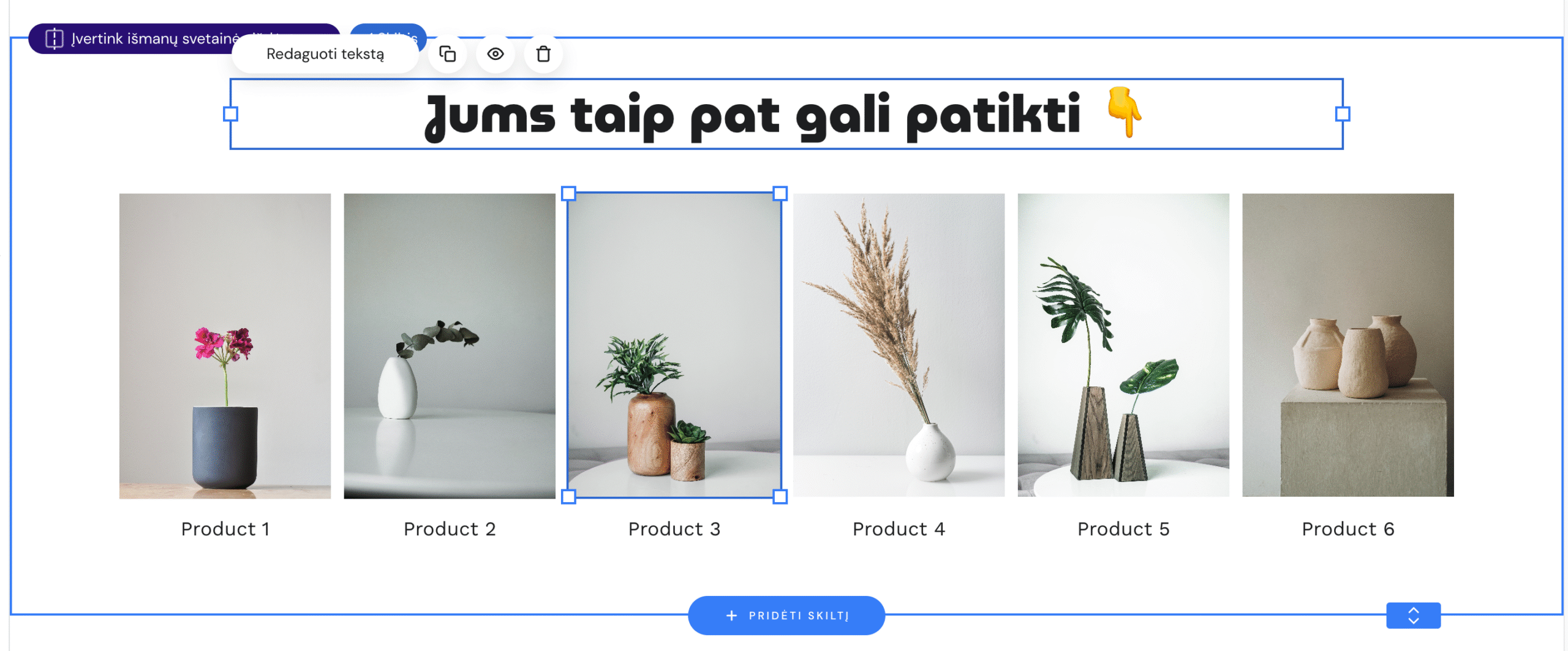 Rekomenduojami produktai atvaizduojami įprastoje skiltyje naudojant teksto ir paveikslėlių elementus, susietus su rekomenduojamų produktų puslapiais