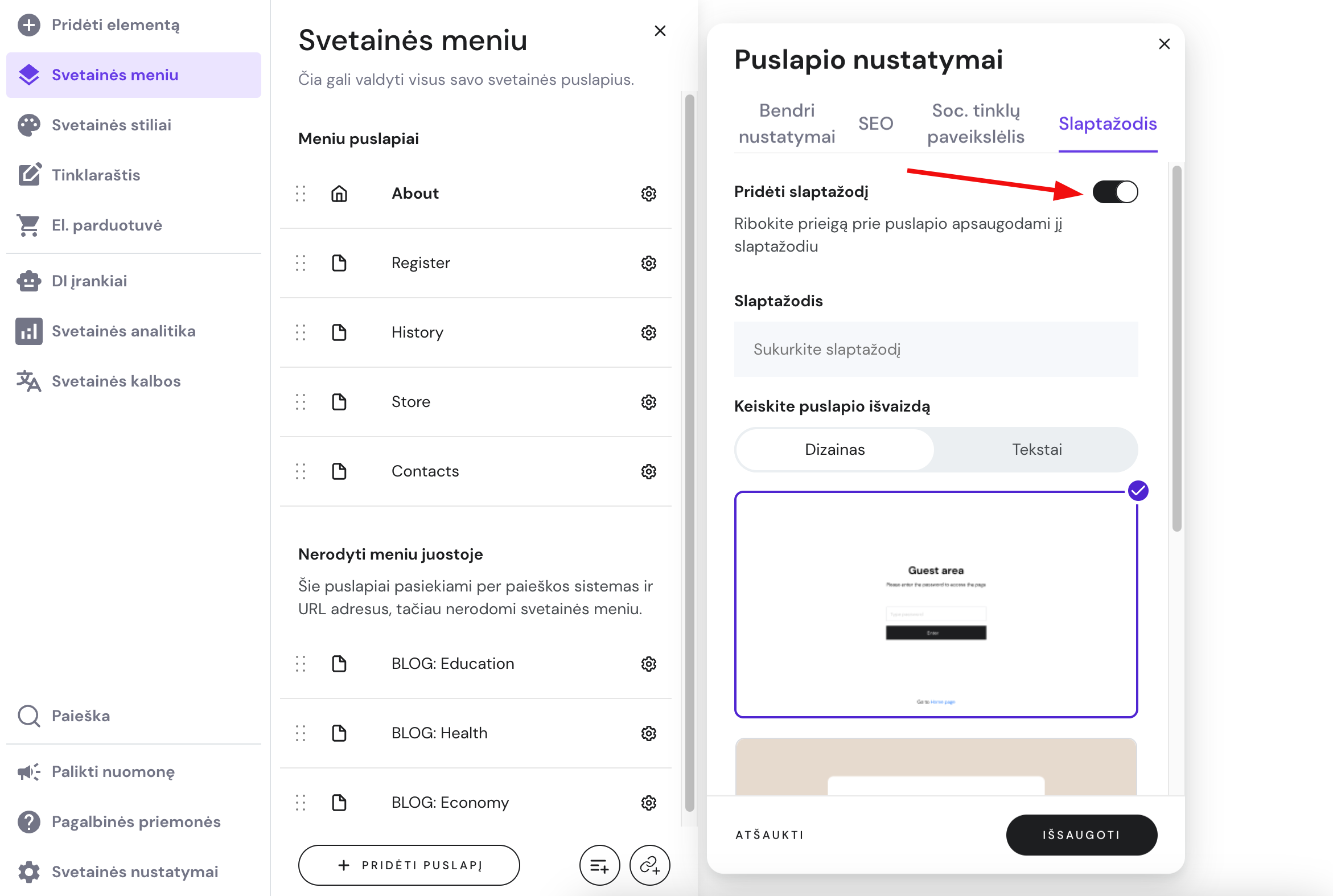 Puslapio nustatymuose esantis mygtukas Pridėti slaptažodį