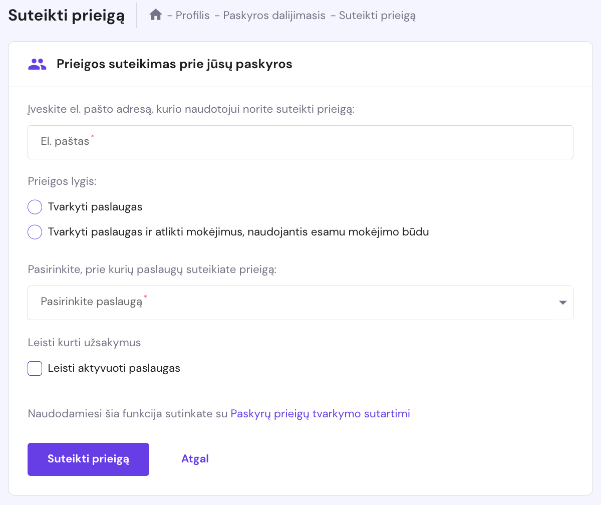 Prieigos prie Hostinger paskyros suteikimas