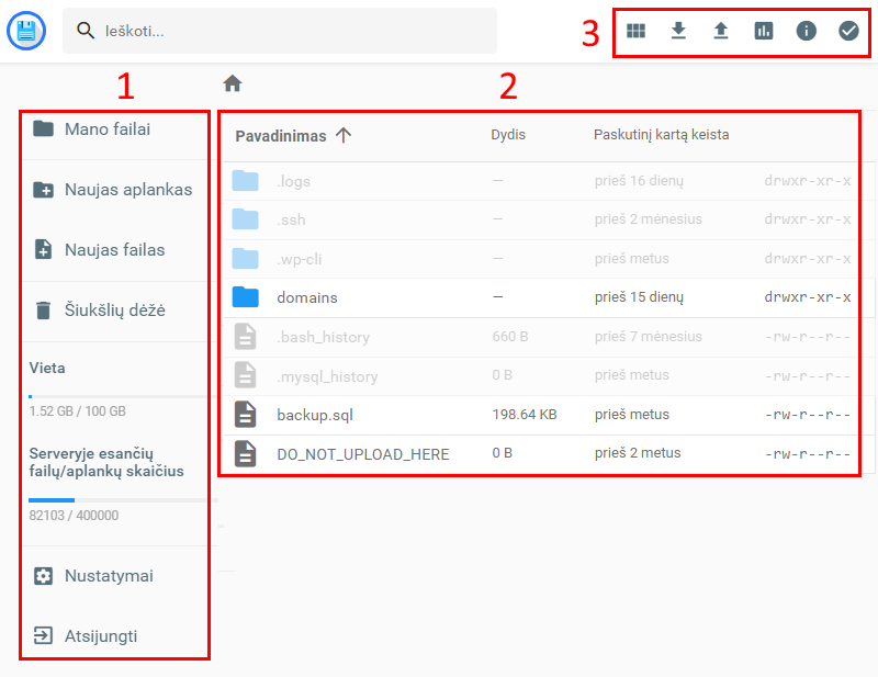Trys pagrindinės failų tvarkyklės skiltys: kairėje esanti meniu juosta, failų valdymo zona ir viršutinė įrankių juosta