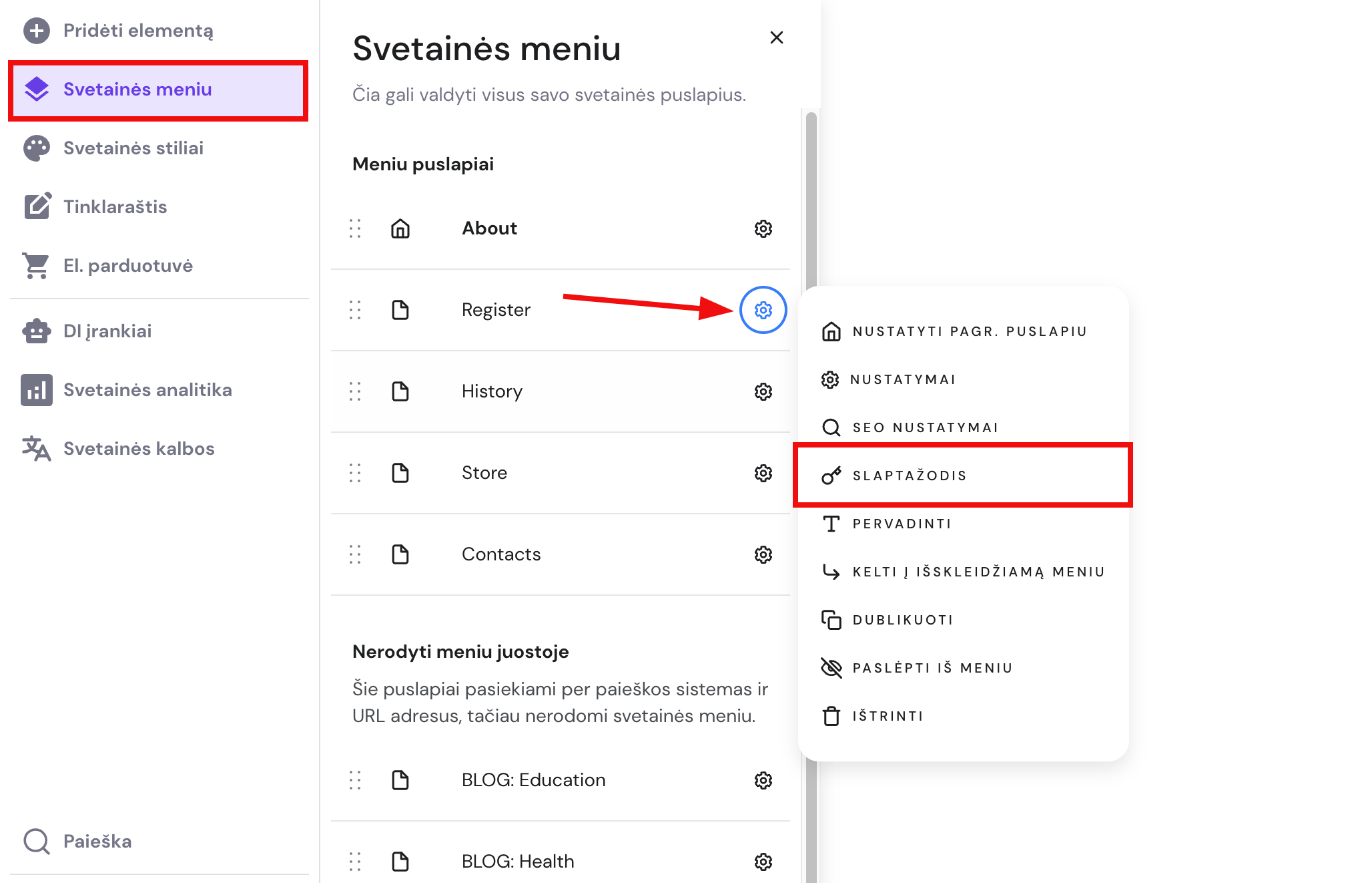 Hostinger svetainių kūrimo įrankyje esantys Svetainės meniu nustatymai veda prie puslapio nustatymų, kuriuose puslapiui galima pridėti slaptažodį
