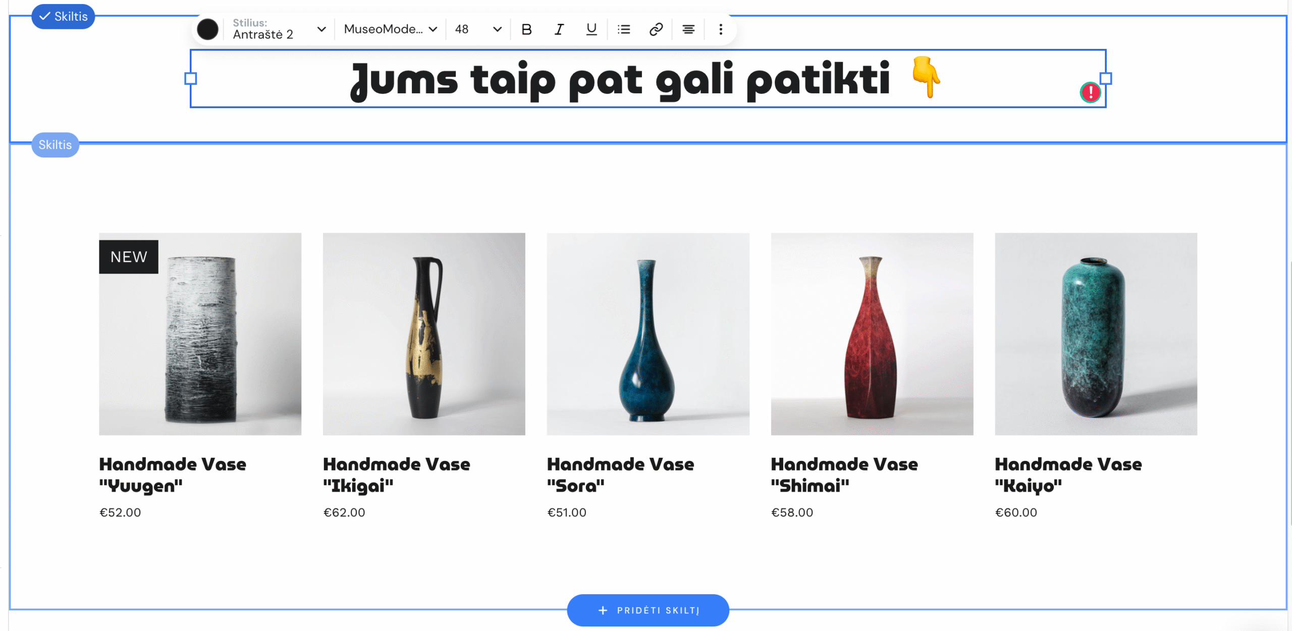 Rekomenduojamų produktų kategorija atvaizduojama specialios produktų sąrašo skilties pagalba