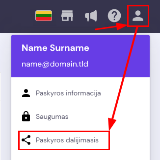 Hostinger paskyros meniu juostoje matoma profilio piktograma