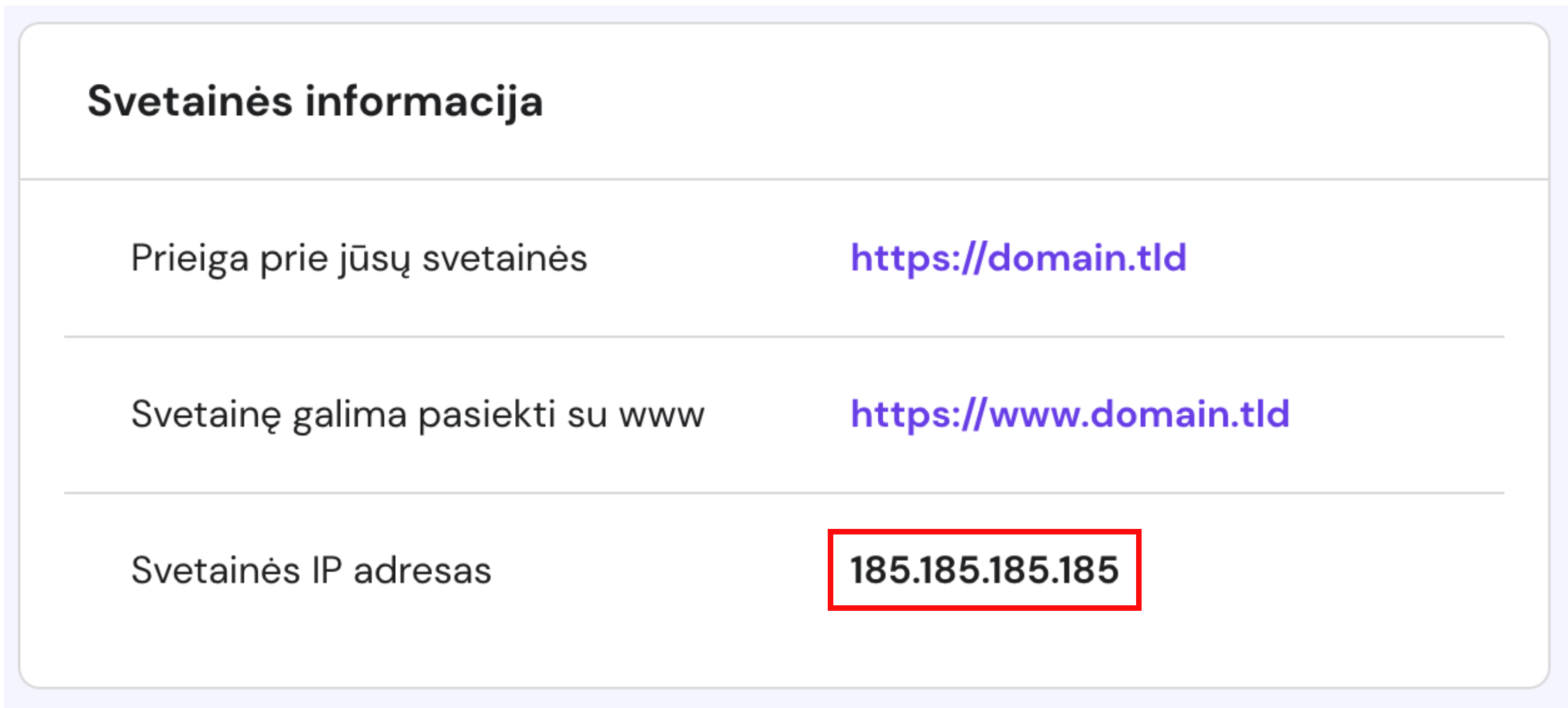 Svetainės IP adresas, rodomas hostingo valdymo skydo skiltyje Plano informacija