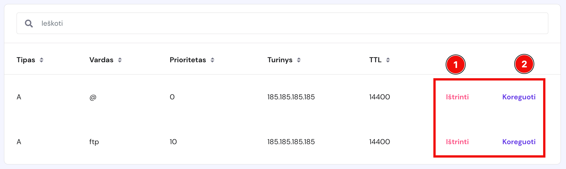 Mygtukai, skirti ištrinti ar koreguoti DNS įrašus