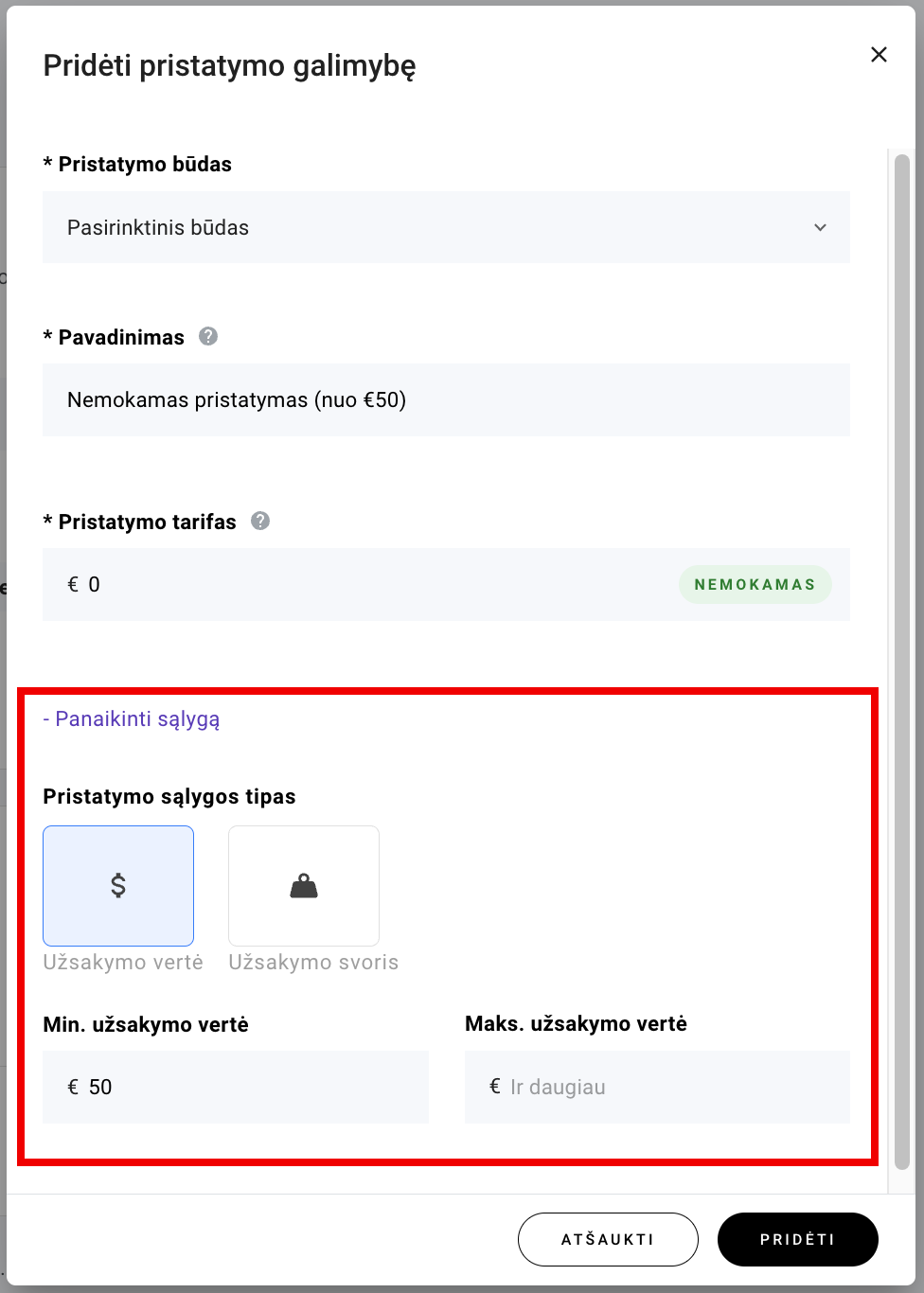 Sukuriama sąlyga, pagal kurią klientui bus siūlomi tam tikri prekių siuntimo būdai atsižvelgiant į tai, kokią sumą jis išleido el. parduotuvėje