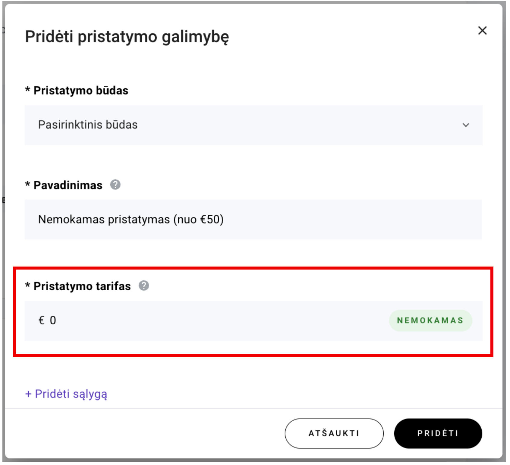 Laukelis nurodyti pristatymo tarifą