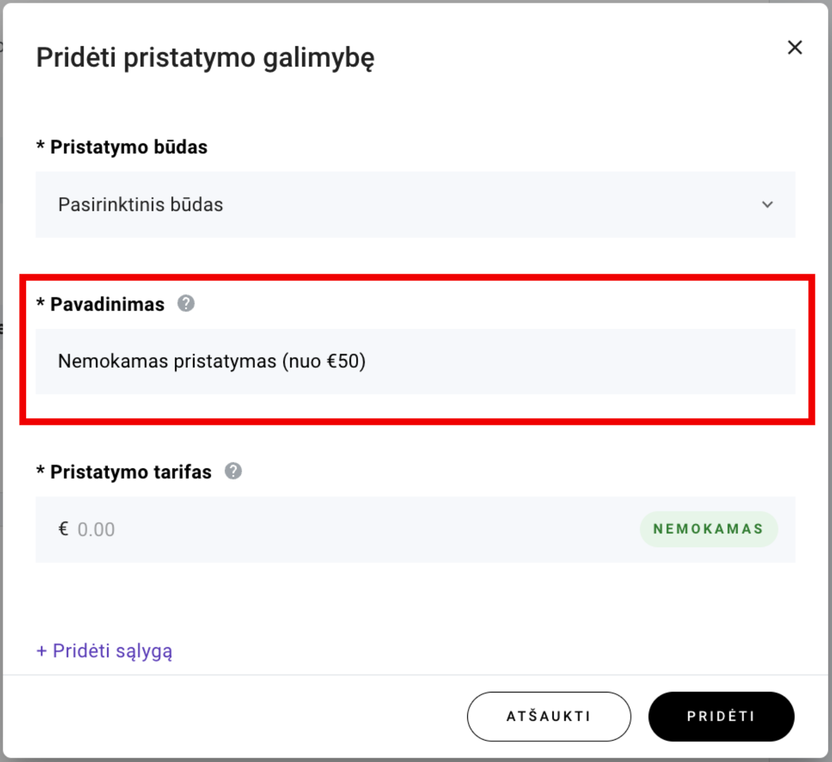 Pristatymo būdo pavadinimas