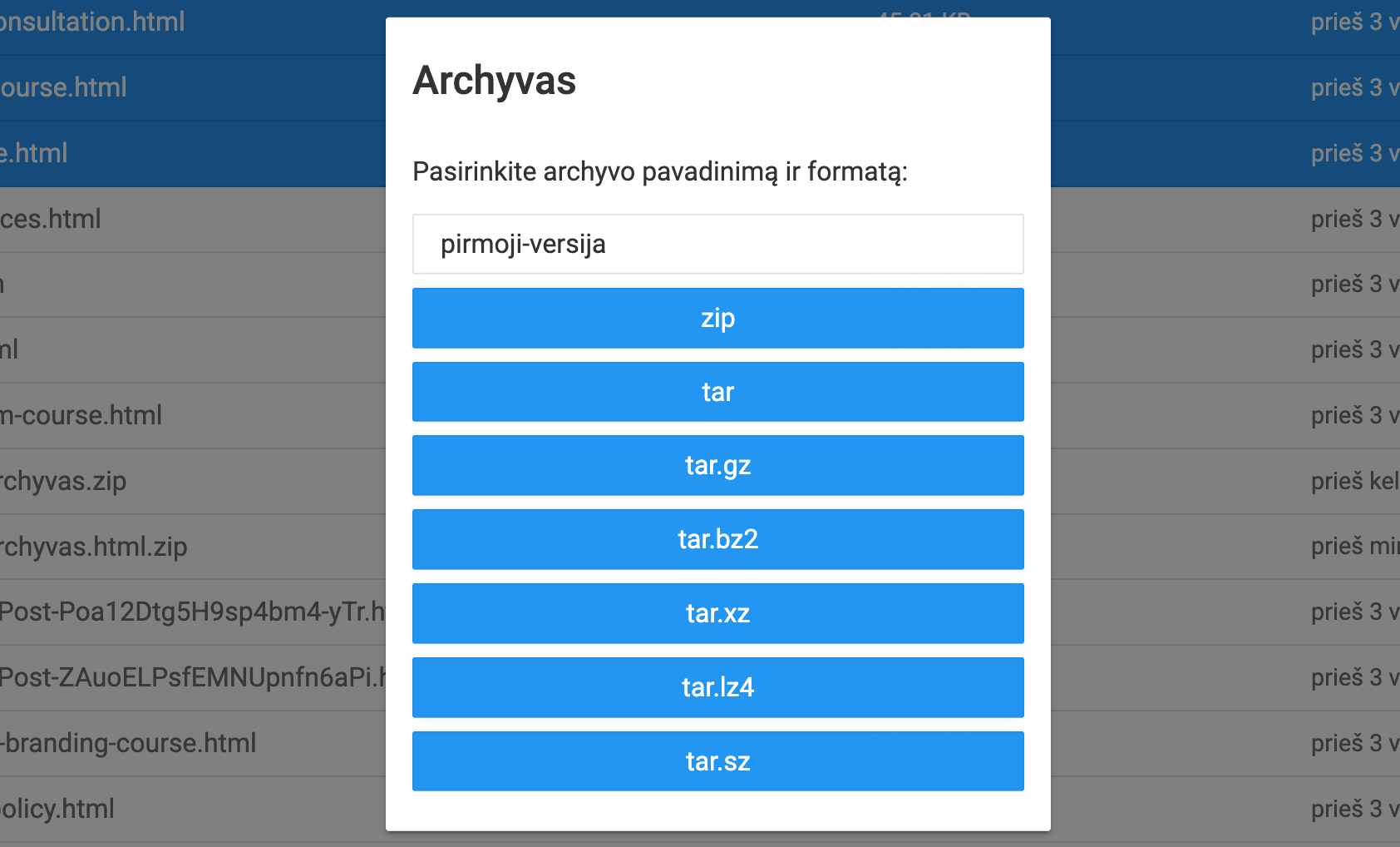 Archyvo katalogo nustatymai Hostinger failų tvarkyklėje