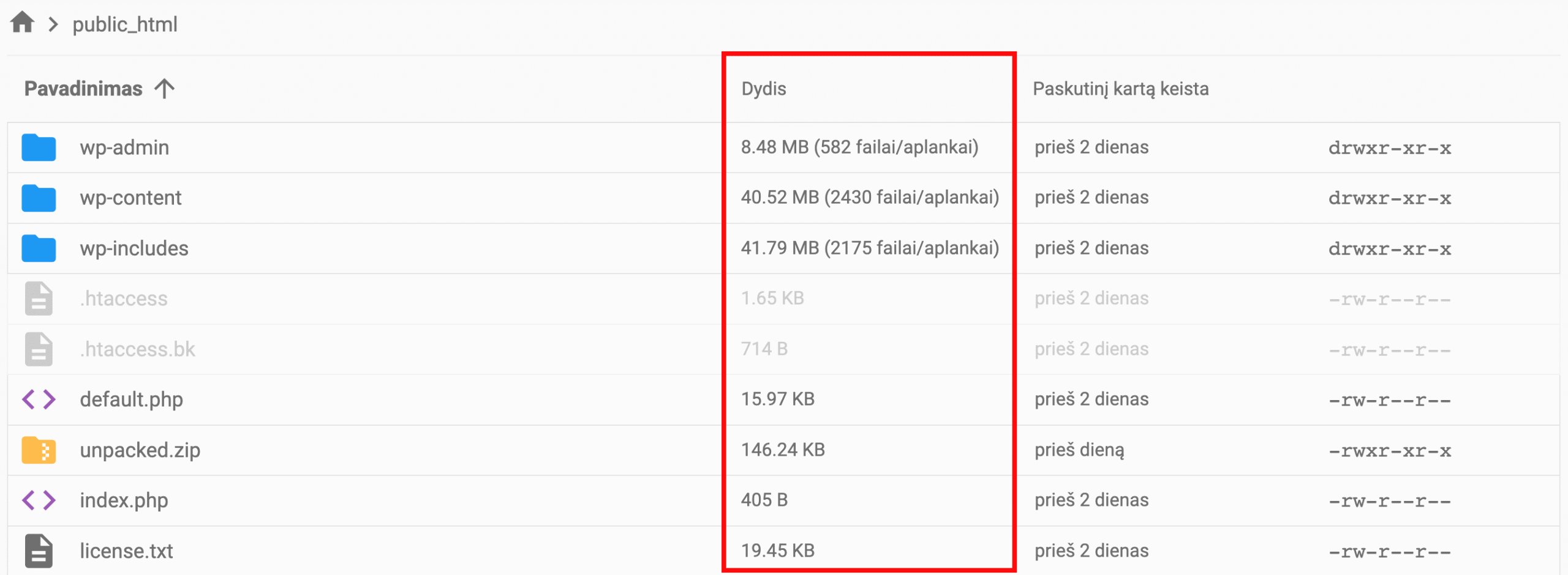 Hostinger failų tvarkyklėje rodomi duomenys