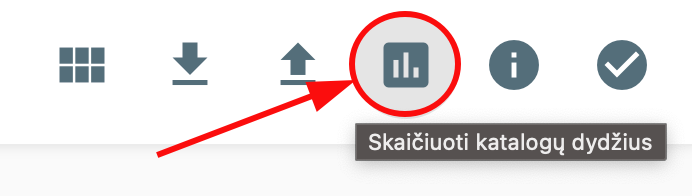 Failų tvarkyklės viršutinėje įrankių juostoje esanti funkcija Skaičiuoti katalogų dydžius