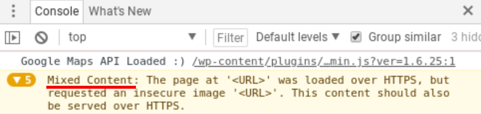 Naršyklės konsolės įrankių skydelyje matoma problema, susijusi su mišriu turiniu