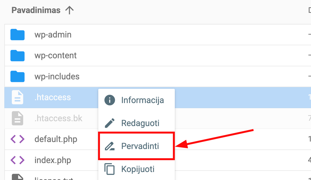 Svetainės .htaccess failo pervadinimas