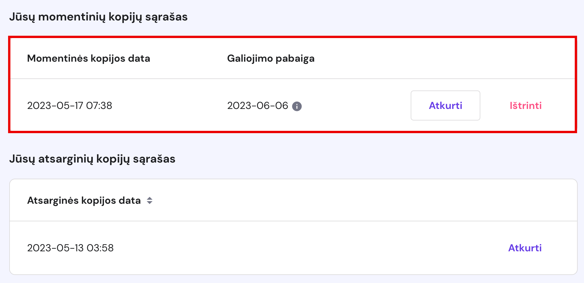 VPS momentinių kopijų sąrašas